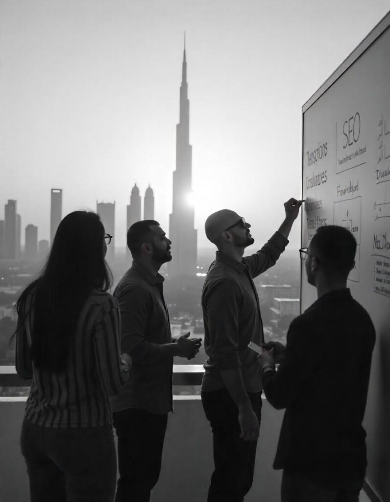Team of digital marketing experts at our agency in Dubai discussing a client's SEO strategy